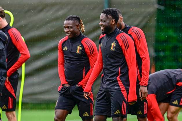 Belgium Media Activities - UEFA EURO, EM, Europameisterschaft,Fussball 2024 30 06 2024 FREIBERG AM NECKA, GERMANY - JUNE 30 : Mangala Orel midfielder of Belgium, Doku Jeremy forward of Belgium during a training session of the Belgian Red Devils at the UEFA EURO 2024 European Football Championship tournament on June 30, 2024 in Freiberg am Necka, Germany, 30 06 2024 Freiberg am Necka Germany  Copyright: xPeterxDexVoechtx