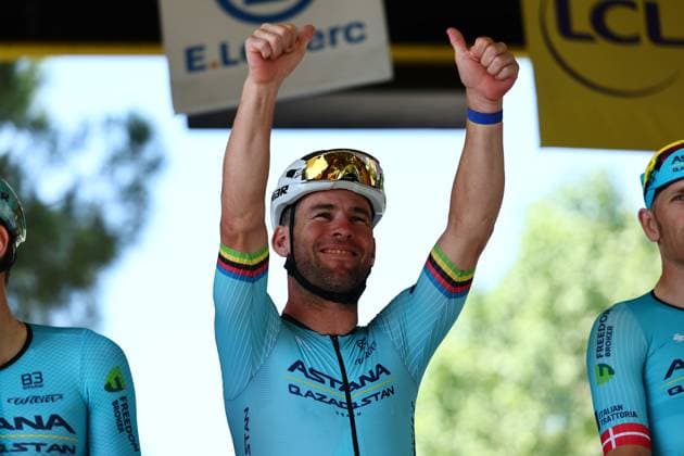 British Mark Cavendish of Astana Qazaqstan pictured on the podium at the start of stage 2 of the 2024 Tour de France cycling race, from Cesenatico, Italy to Bologna, Italy (198,7km) on Sunday 30 June 2024. The 111th edition of the Tour de France starts on Saturday 29 June and will finish in Nice, France on 21 July. DAVIDxPINTENS  x95543956x