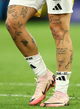 The tattooed legs of David Raum of Germany Germany v Denmark, UEFA European Championship, EM, Europameisterschaft 2024, Round of 16, Football, BVB Stadion, Dortmund, Germany - 29 Jun 2024 EDITORIAL USE ONLY No use with unauthorised audio, video, data, fixture lists, club league logos or live services. Online in-match use limited to 120 images, no video emulation. No use in betting, games or single club league player publications. Copyright: xKieranxMcManus Shutterstockx 14562066dt