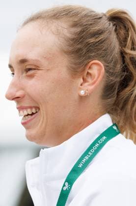 Belgian Elise Mertens answers questions prior to a training session during preparations ahead of the 2024 Wimbledon grand slam tennis tournament at the All England Tennis Club, in south-west London, Britain, Sunday 30 June 2024. BENOITxDOPPAGNE  x95551485x