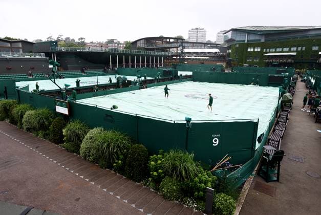 Covers are pulled across on outside courts as rain begins to fall. Wimbledon Tennis Championships, Practice and Previews, The All England Lawn Tennis and Croquet Club, London, UK - 30 Jun 2024  Copyright: xJamesxMarsh Shutterstockx 14562000e