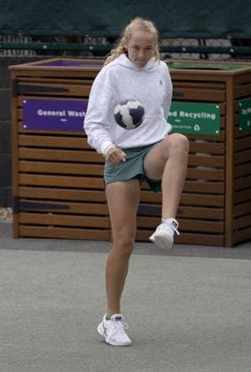 Mirra Andreeva of Russia plays football Wimbledon Tennis Championships, Practice and Previews, The All England Lawn Tennis and Croquet Club, London, UK - 30 Jun 2024 EDITORIAL USE ONLY No use with unauthorised audio, video, data, fixture lists (outside the EU), club league logos or live services. Online in-match use limited to 45 images (+15 in extra time). No use to emulate moving images. No use in betting, games or  Copyright: xJavierxGarcia Shutterstockx 14560182w