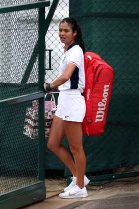 30th June 2024; All England Lawn Tennis and Croquet Club, London, England; Wimbledon Tennis Tournament, Practice Day; Emma Raducanu wears an England football shirt during her practice session  ActionPlus12661919 ShaunxBrooks