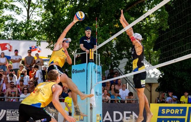 BEACHVOLLEYBALL - Baden Future 2024 BADEN,AUSTRIA,30.JUN.24 - Beach volleyball, Beachvolleyball - FIVB Volleyball World Beach Pro Tour, Baden Future. Image shows Solomon Bushby (AUS) and Laurenz Leitner (AUT).  GEPAxpictures xEdgarxEisner