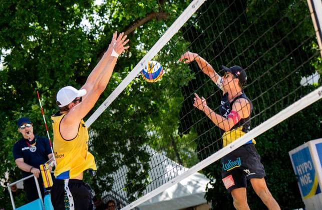 BEACHVOLLEYBALL - Baden Future 2024 BADEN,AUSTRIA,30.JUN.24 - Beach volleyball, Beachvolleyball - FIVB Volleyball World Beach Pro Tour, Baden Future. Image shows Solomon Bushby (AUS) and Philipp Waller (AUT).  GEPAxpictures xEdgarxEisner