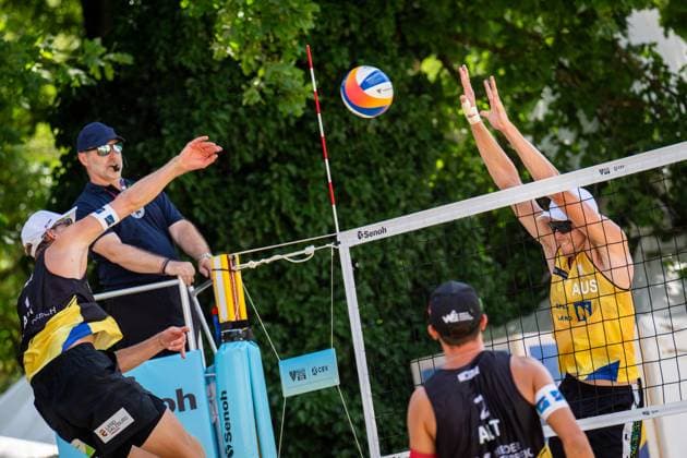 BEACHVOLLEYBALL - Baden Future 2024 BADEN,AUSTRIA,30.JUN.24 - Beach volleyball, Beachvolleyball - FIVB Volleyball World Beach Pro Tour, Baden Future. Image shows Laurenz Leitner (AUT) and Solomon Bushby (AUS).  GEPAxpictures xEdgarxEisner
