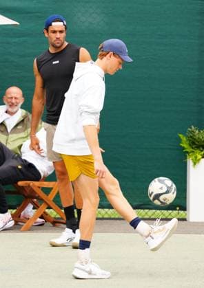 Jannik Sinner plays football with Matteo Berrettini Wimbledon Tennis Championships, Practice and Previews, The All England Lawn Tennis and Croquet Club, London, UK - 30 Jun 2024 EDITORIAL USE ONLY No use with unauthorised audio, video, data, fixture lists (outside the EU), club league logos or live services. Online in-match use limited to 45 images (+15 in extra time). No use to emulate moving images. No use in betting, games or  Copyright: xJavierxGarcia Shutterstockx 14560182cj