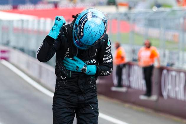 RUSSELL George (gbr), Mercedes AMG F1 Team W15, portrait celebrates during the Formula 1 Qatar Airways Austrian Grand Prix 2024, 11th round of the 2024 Formula One World Championship, WM, Weltmeisterschaft from June 28 to 30, 2024 on the Red Bull Ring, in Spielberg, Austria - F1 - AUSTRIAN GRAND PRIX 2024 DPPI Panoramic  240630_R11_AUSTRIA_DP_XB3_0611