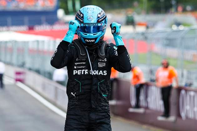 RUSSELL George (gbr), Mercedes AMG F1 Team W15, portrait celebrates during the Formula 1 Qatar Airways Austrian Grand Prix 2024, 11th round of the 2024 Formula One World Championship, WM, Weltmeisterschaft from June 28 to 30, 2024 on the Red Bull Ring, in Spielberg, Austria - F1 - AUSTRIAN GRAND PRIX 2024 DPPI Panoramic  240630_R11_AUSTRIA_DP_XB3_0604