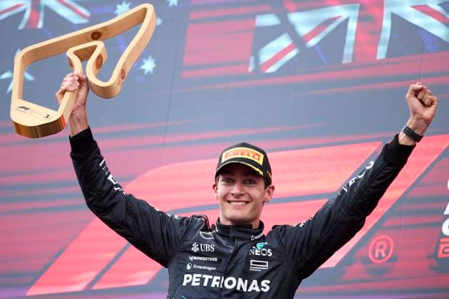 F1 Grand Prix of Austria Race winner George Russell of Great Britain and Mercedes celebrates on the podium during the F1 Grand Prix of Austria at Red Bull Ring on June 30, 2024, in Spielberg, Austria. Spielberg Red Bull Ring Spielberg Austria RL_GPF1AT24_01131 Copyright: xRicardoxLarreinax