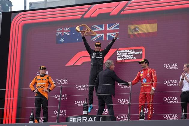 Formula 1 Grand Prix of Austria 2024 30 06 2024, Red Bull Ring, Spielberg, Formula 1 Grand Prix of Austria 2024 , in the picture winner George Russell GBR , Mercedes AMG Petronas Formula One Team, 2nd place for Oscar Piastri AUS , McLaren F1 Team, 3rd place for Carlos Sainz Jr ESP , Scuderia Ferrari HP nordphotoxGmbHx xBratic nph00250