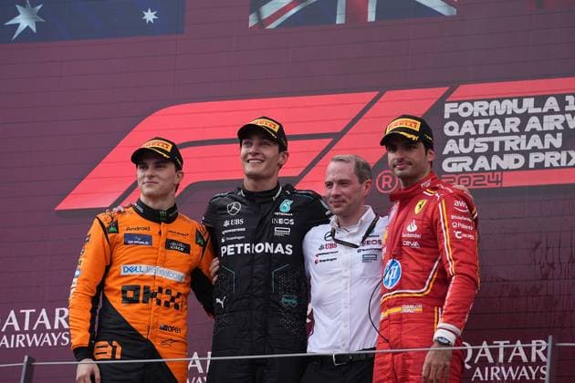30 06 2024, Red Bull Ring, Spielberg, Formula 1 Grand Prix of Austria 2024 , in the picture winner George Russell GBR , Mercedes AMG Petronas Formula One Team, 2nd place for Oscar Piastri AUS , McLaren F1 Team, 3rd place for Carlos Sainz Jr ESP , Scuderia Ferrari HP Defodi 506 20240630 hbr 7738 Defodi-506