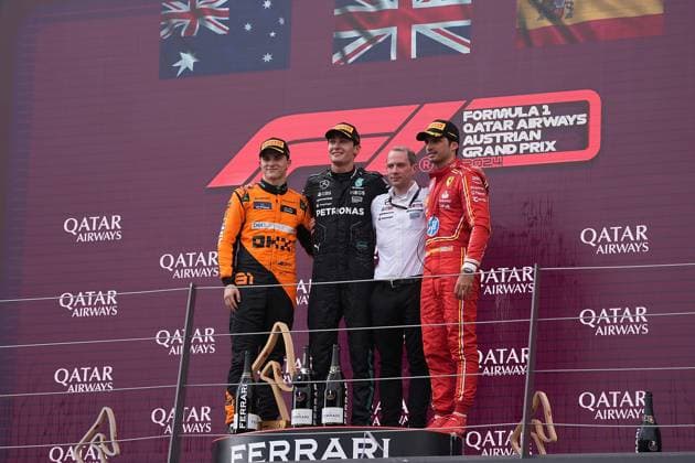 30 06 2024, Red Bull Ring, Spielberg, Formula 1 Grand Prix of Austria 2024 , in the picture winner George Russell GBR , Mercedes AMG Petronas Formula One Team, 2nd place for Oscar Piastri AUS , McLaren F1 Team, 3rd place for Carlos Sainz Jr ESP , Scuderia Ferrari HP Defodi 506 20240630 hbr 7748 Defodi-506