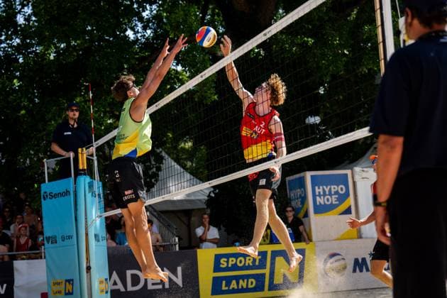 BEACHVOLLEYBALL - Baden Future 2024 BADEN,AUSTRIA,30.JUN.24 - Beach volleyball, Beachvolleyball - FIVB Volleyball World Beach Pro Tour, Baden Future. Image shows Kristians Fokerots (LAT) and Timo Hammarberg (AUT).  GEPAxpictures xEdgarxEisner
