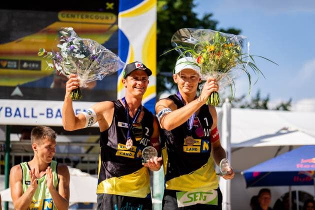 BEACHVOLLEYBALL - Baden Future 2024 BADEN,AUSTRIA,30.JUN.24 - Beach volleyball, Beachvolleyball - FIVB Volleyball World Beach Pro Tour, Baden Future. Image shows Philipp Waller and Laurenz Leitner (AUT).  GEPAxpictures xEdgarxEisner