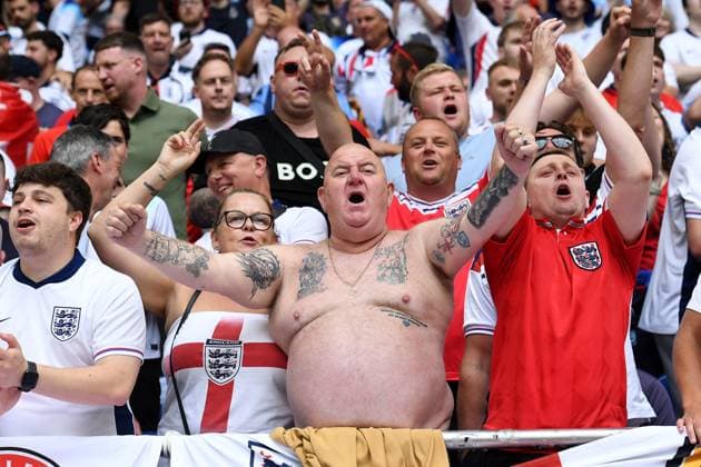 Soccer UEFA EURO 2024 Round of 16 England Slovakia on 30 06 2024 at the Arena AufSchalke in Gelsenkirchen Fans Spectators England Topless xRx