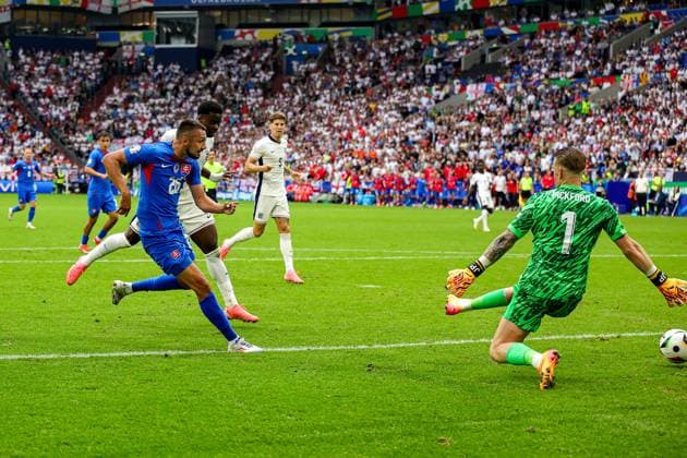 EURO 2024, England - Slowakei England v Slovakia Euro 2024 30 06 2024. Round of 16 Goal 0-1 Ivan Schranz of Slovakia scores a goal during the Round of 16 Euro 2024 match between England and Slovakia at Veltins Arena, Gelsenkirchen, Germany on 30 June 2024. Editorial use only , Copyright: xNigelxKeenex PSI-19907-0019