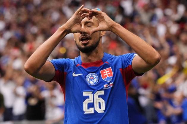 EURO 2024, England - Slowakei Slovakia s Ivan Schranz celebrates after scoring first goal for the 0-1during the round of sixteen match between England and Slovakia at the Euro 2024 soccer tournament in Gelsenkirchen, Germany, Sunday, June 30, 2024. - Soccer .  Copyright: xFabioxFerrari LaPressex