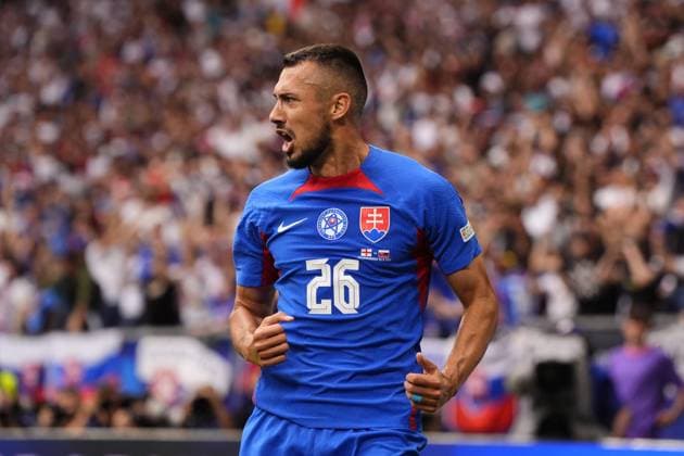 EURO 2024, England - Slowakei Slovakia s Ivan Schranz celebrates after scoring first goal for the 0-1during the round of sixteen match between England and Slovakia at the Euro 2024 soccer tournament in Gelsenkirchen, Germany, Sunday, June 30, 2024. - Soccer .  Copyright: xFabioxFerrari LaPressex
