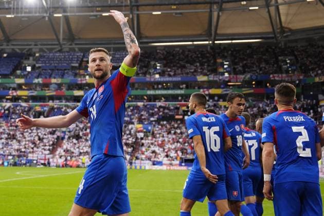 EURO 2024, England - Slowakei Slovakia s Milan Skriniar celebrates after first goal during the round of sixteen match between England and Slovakia at the Euro 2024 soccer tournament in Gelsenkirchen, Germany, Sunday, June 30, 2024. - Soccer .  Copyright: xFabioxFerrari LaPressex