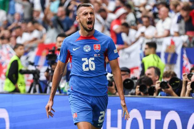Euro 2024 England Slovakia on 30 06 2024 in the Arena AufSchalke in Gelsenkirchen Cheering, goal celebration, goal scorer Ivan Schranz Slovakia, 26 cheers after his goal for 0 to 1 MH