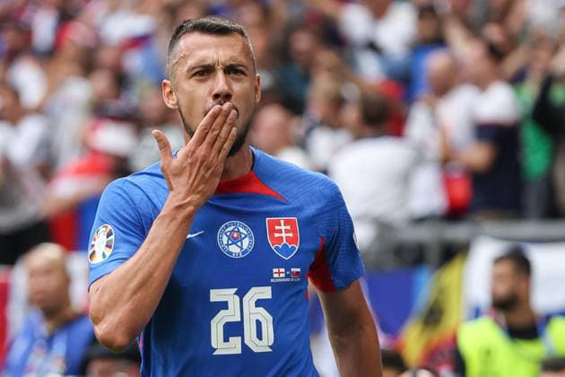 Euro 2024 England Slovakia on 30 06 2024 in the Arena AufSchalke in Gelsenkirchen Cheering, goal celebration, goal scorer Ivan Schranz Slovakia, 26 cheers after his goal for 0 to 1 MH