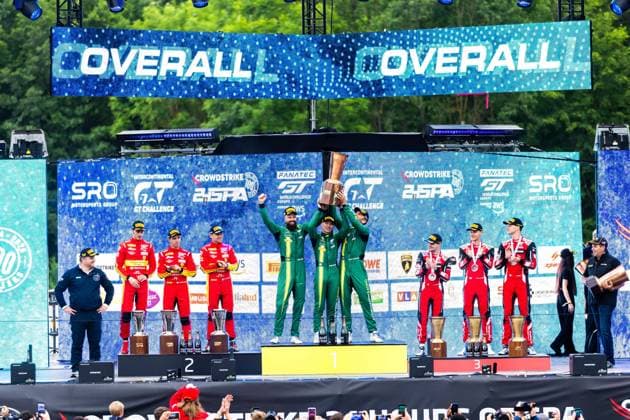Sport Themen der Woche KW26 Sport Bilder des Tages PIER GUIDI Alessandro (ita), RIGON David (ita), ROVERA Alessio (ita), Ferrari 296 GT3, DRUDI Mattia (smr), THIM Nicki (dnk), SORENSEN Marco (dnk), Aston Martin Vantage AMR GT3 EVO, VAN DER LINDE Sheldon (zaf), VANTHOOR Dries (bel), WEERTS Charles (bel), BMW M4 GT3, podium during the 2024 CrowdStrike 24 Hours of Spa, 2nd race of the 2024 GT World Challenge Europe Endurance Cup, from June 26 to 30, 2024 on Circuit de Spa-Francorchamps, in Stavelot, Belgium - AUTO - 2024 HOURS OF SPA DPPI Panoramic  655