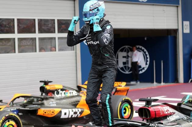Spielberg, Austria June 27 30, 2024 FIA Formula 1 World Championship Grand Prix Austria 2024 Pictured George Russell GBR celebrates his victory at the Red Bull Ring Red Bull Ring Styria Copyright: xFotostandx xHorstxBernhardtx