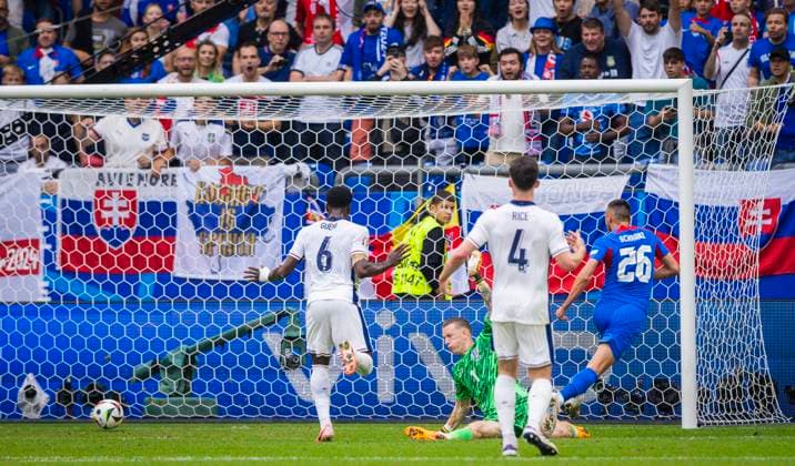 Gelsenkirchen, Germany 30th Jun 2024 Goal for 0 1 by Ivan Schranz Slovakia vs Marc Guehi ENG Jordan Pickford ENG England Slovakia England Slovakia 06 2024