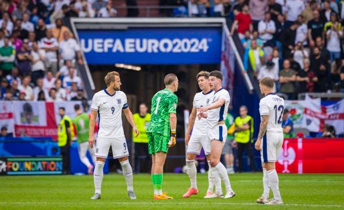 Gelsenkirchen, Germany 30th Jun 2024 Harry Kane ENG Jordan Pickford ENG John Stones ENG Declan Rice ENG Kieran Trippier ENG disappointed England Slovakia England Slovakia 06 2024