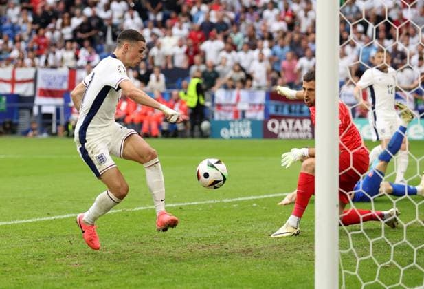 EURO 2024, England - Slowakei Phil Foden of England scores but the goal is ruled-out for offside England v Slovakia, UEFA European Championship, EM, Europameisterschaft 2024, Round of 16, Football, Arena AufSchalke, Gelsenkirchen, Germany - 30 Jun 2024 EDITORIAL USE ONLY No use with unauthorised audio, video, data, fixture lists, club league logos or live services. Online in-match use limited to 120 images, no video emulation. No use in betting, games or single club league player publications. Copyright: xPaulxCurrie Shutterstockx 14562219dl