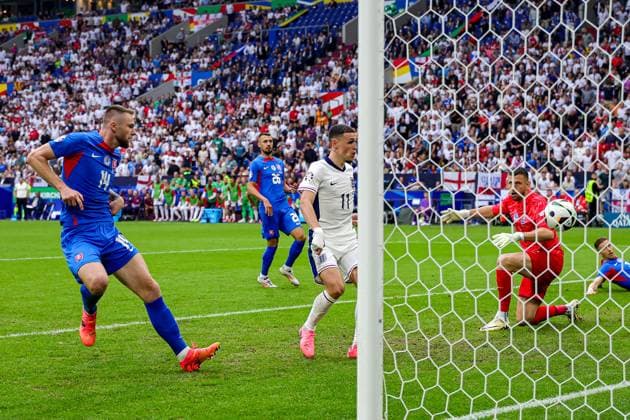 England v Slovakia Euro 2024 30 06 2024. Round of 16 Phil Foden of England scores a goal but its ruled offside during the Round of 16 Euro 2024 match between England and Slovakia at Veltins Arena, Gelsenkirchen, Germany on 30 June 2024. Editorial use only , Copyright: xNigelxKeenex PSI-19907-0027