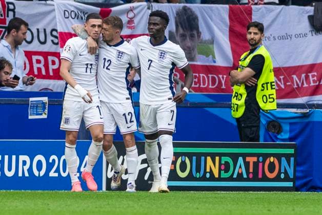UEFA EURO 2024 England Slovakia 30 06 2024 Phil Foden England, 11 , Kieran Trippier England, 12 , Bukayo Saka England, 7 cheer after the goal was later disallowed UEFA EURO 2024 England Slovakia Arena AufSchalke, Gelsenkirchen on 30 06 2024 Copyright: xBEAUTIFULxSPORTS Meuselx