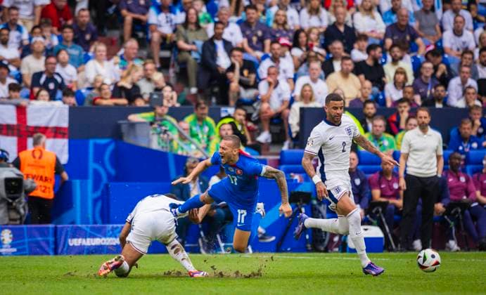 Gelsenkirchen, Germany 30th Jun 2024 Jude Bellingham ENG Lukas Haraslin Slovakia Kyle Walker ENG England Slovakia England Slovakia 06 2024