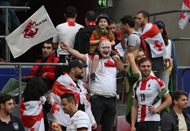 30 06 2024, xsltx, European Football Championship 2024 1 8 Final, Spain Georgia emspor, v l Georgia emotions, fans, atmosphere, flags, logo, spectators, jerseys DFL DFB REGULATIONS PROHIBIT ANY USE OF PHOTOGRAPHS as IMAGE SEQUENCES and or QUASI VIDEO Cologne