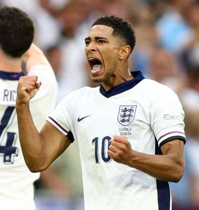 Jude Bellingham of England celebrates his goal England v Slovakia, UEFA European Championship, EM, Europameisterschaft 2024, Round of 16, Football, Arena AufSchalke, Gelsenkirchen, Germany - 30 Jun 2024 EDITORIAL USE ONLY No use with unauthorised audio, video, data, fixture lists, club league logos or live services. Online in-match use limited to 120 images, no video emulation. No use in betting, games or single club league player publications. Copyright: xKieranxMcManus Shutterstockx 14562217cg