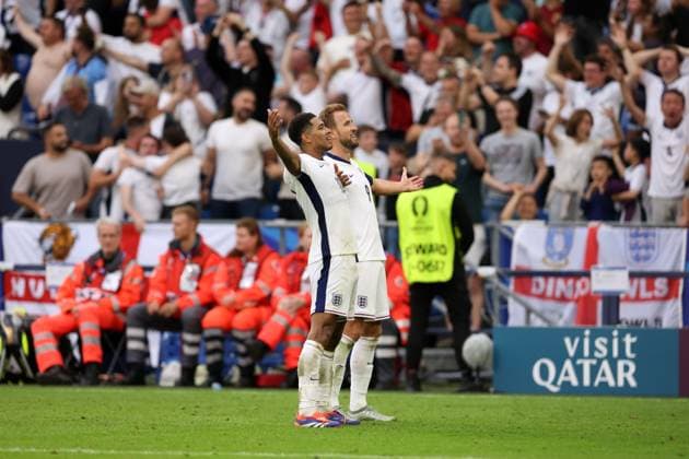 EURO 2024, England - Slowakei Jude Bellingham of England celebrates his goal with Harry Kane England v Slovakia, UEFA European Championship, EM, Europameisterschaft 2024, Round of 16, Football, Arena AufSchalke, Gelsenkirchen, Germany - 30 Jun 2024 EDITORIAL USE ONLY No use with unauthorised audio, video, data, fixture lists, club league logos or live services. Online in-match use limited to 120 images, no video emulation. No use in betting, games or single club league player publications. Copyright: xPaulxCurrie Shutterstockx 14562219fq