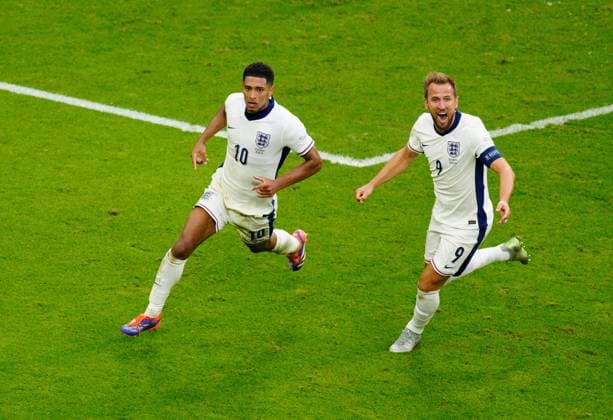 Jude Bellingham of England celebrates scoring to make it 1-1 with Harry Kane of England England v Slovakia, UEFA European Championship, EM, Europameisterschaft 2024, Round of 16, Football, Arena AufSchalke, Gelsenkirchen, Germany - 30 Jun 2024 EDITORIAL USE ONLY No use with unauthorised audio, video, data, fixture lists, club league logos or live services. Online in-match use limited to 120 images, no video emulation. No use in betting, games or single club league player publications. Copyright: xDavexShopland Shutterstockx 14562222cw