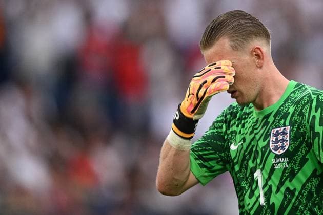 Germany Soccer Euro 2024 England - Slovakia 8720195 30.06.2024 England s goalkeeper Jordan Pickford reacts during the UEFA EURO, EM, Europameisterschaft,Fussball 2024 Round of 16 soccer match between England and Slovakia at the Veltins-Arena in Gelsenkirchen, Germany. Alexey Filippov Sputnik Gelsenkirchen Germany  Copyright: xAlexeyxFilippovx