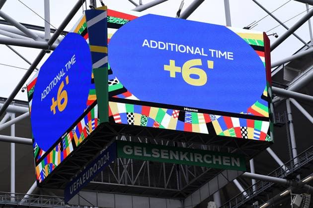 Soccer UEFA EURO 2024 Round of 16 England Slovakia on 30 06 2024 in the Arena AufSchalke in Gelsenkirchen Scoreboard Video wall 6 minutes injury time xRx