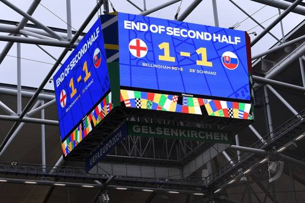 Soccer UEFA EURO 2024 Round of 16 England Slovakia on 30 06 2024 at the Arena AufSchalke in Gelsenkirchen Scoreboard Video wall 1 1 End of Second Half xRx