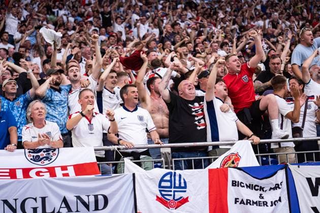 GER, Euro 2024, Round of sixteen, England GBR vs Slovakia SVK 30 06 2024, Arena AufSchalke, Veltins Arena, Gelsenkirchen, GER, Euro 2024, Round of sixteen, England GBR vs Slovakia SVK In the picture fans of England GBR after the goal, goal celebration nordphotoxGmbHxx xChristianxSchulze nph000300