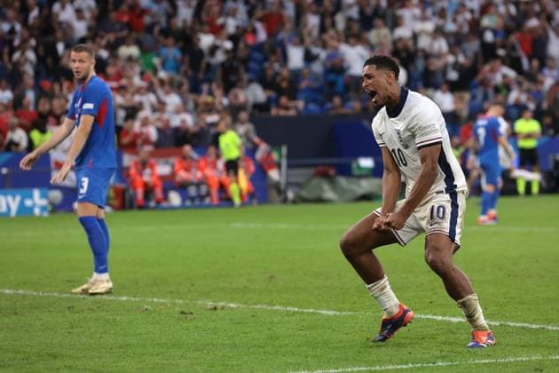 Gelsenkirchen, Germany, 30th June 2024. Jude Bellingham of England celebrates after team mate Harry Kane scored to give the side a 2-1 lead in extra time of the UEFA European Championships Round of 16 match at Arena Aufschalke, Gelsenkirchen. Picture credit should read: Jonathan Moscrop Sportimage EDITORIAL USE ONLY. No use with unauthorised audio, video, data, fixture lists, club league logos or live services. Online in-match use limited to 120 images, no video emulation. No use in betting, games or single club league player publications. SPI-3209-0012