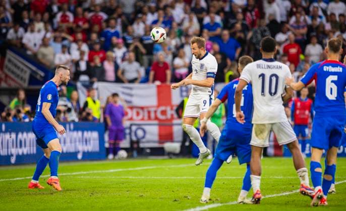 Gelsenkirchen, Germany 30th Jun 2024 Goal for 2 1 by Harry Kane ENG Milan Skriniar Slovakia England Slovakia England Slovakia 06 2024