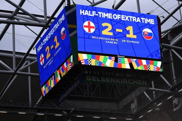 Soccer UEFA EURO 2024 Round of 16 England Slovakia on 30 06 2024 in the Arena AufSchalke in Gelsenkirchen Scoreboard Video wall Video cube Half-time in extra time 2 1 xRx