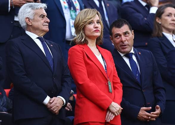 Pedro Rocha, President of the Spanish Football Association and Aleksander Ceferin, President of UEFA look on from the stands Spain v Georgia, UEFA European Championship, EM, Europameisterschaft 2024, Round of 16, Football, Cologne Stadium, Cologne, Germany - 30 Jun 2024 EDITORIAL USE ONLY No use with unauthorised audio, video, data, fixture lists, club league logos or live services. Online in-match use limited to 120 images, no video emulation. No use in betting, games or single club league player publications. Copyright: xMichaelxZemanek Shutterstockx 14562306o