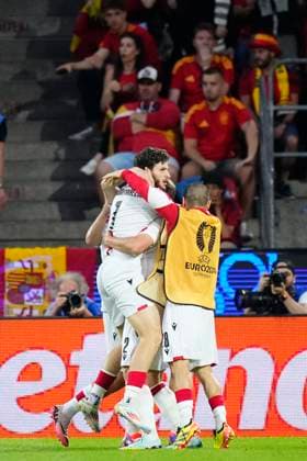 Spain v Georgia: Round of 16 - UEFA EURO, EM, Europameisterschaft,Fussball 2024 Khvicha Kvaratskhelia left winger of Georgia and SSC Napoli celebrates after scoring his sides first goal during the UEFA EURO 2024 round of 16 match between Spain and Georgia at Cologne Stadium on June 30, 2024 in Cologne, Germany. Cologne Germany  Copyright: xJosexBretonx originalFilename:bretonhernandez-spainvge240630_npozU.jpg