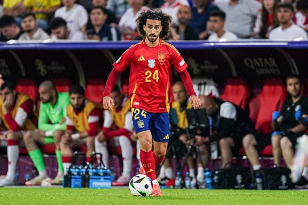 2024-06-30 Spain v Georgia - Round of 16 - UEFA EURO, EM, Europameisterschaft,Fussball 2024 COLOGNE, GERMANY - JUNE 30: Marc Cucurella of Spain dribbles during the Round of 16 - UEFA EURO 2024 match between Spain and Georgia at Cologne Stadium on June 30, 2024 in Cologne, Germany. (Photo by Joris Verwijst BSR Agency) Cologne Germany Content not available for redistribution in The Netherlands directly or indirectly through any third parties. Copyright: xBSRxAgencyx