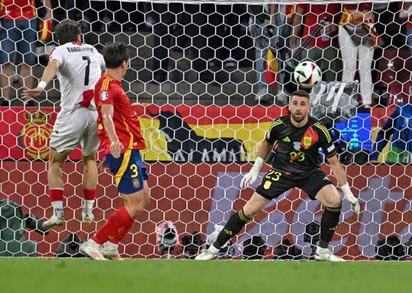 30 06 2024, Football UEFA EURO 2024, Round of 16, Spain Georgia, at Cologne Stadium, Robin Le Normand Spain with an own goal to 0 1 against his own goalkeeper Simon Unai Spain
