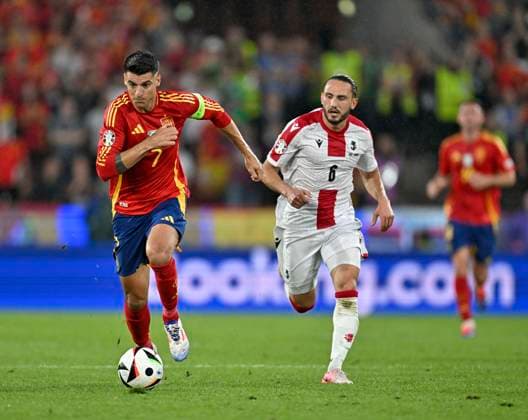 30 06 2024, Football UEFA EURO 2024, Round of 16, Spain Georgia, at Cologne Stadium, v l Alvaro Morata Spain v Giorgi Kochorashvili Georgia